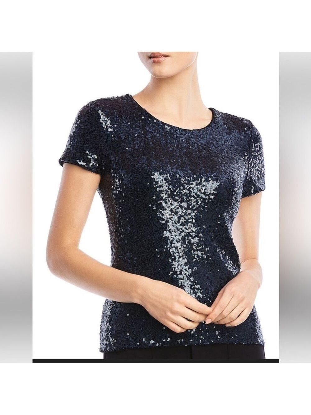 Bailey 44 Edie Sequin Navy Blue Short Sleeve crew Neck Top Size Small